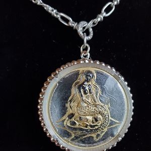 Silver Tone & Gold Etched Mermaid Pendant